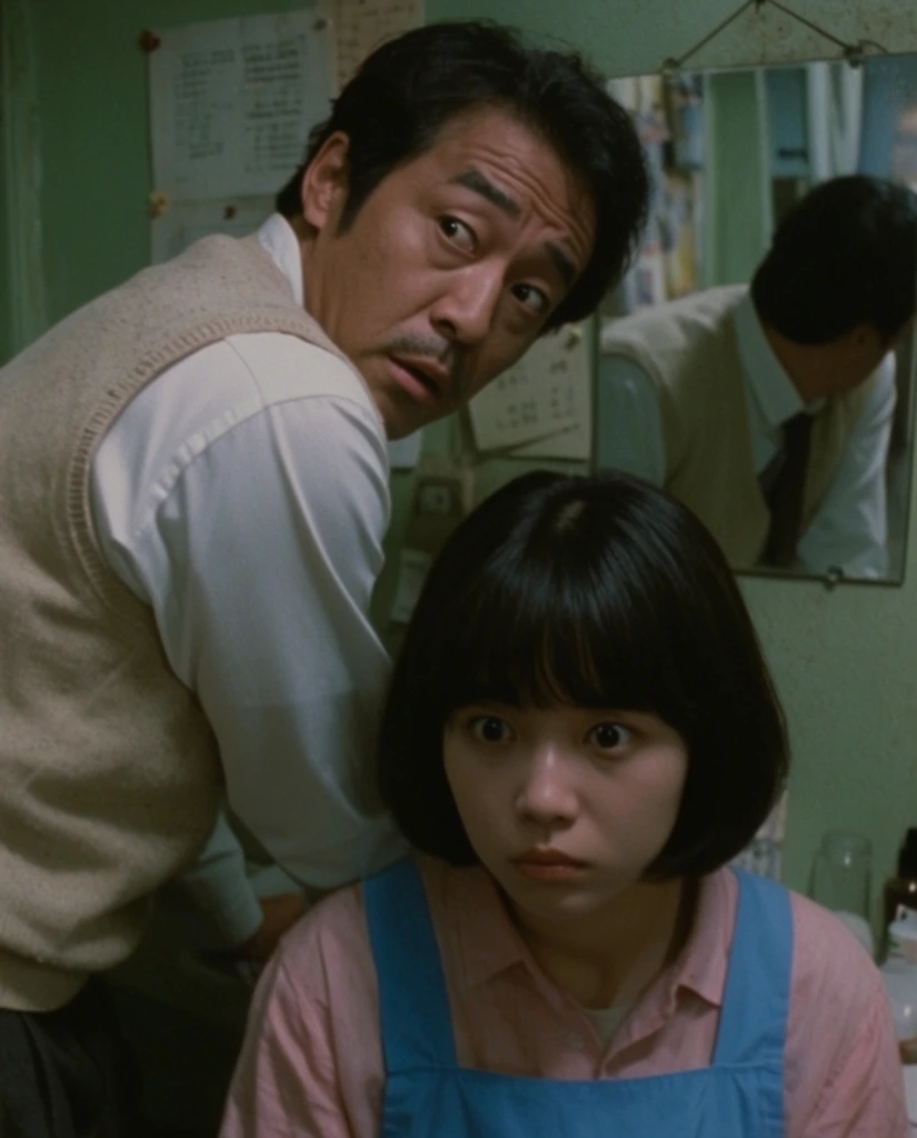 middle-aged man in a beige vest and white shirt leaning over a young woman while looking anxiously over his shoulder, young woman with a dark bob haircut wearing a blue apron and pink shirt sitting passively with wide eyes, cramped room with pale green walls, mirror reflecting the man's back, papers pinned to the wall, muted cinematic lighting, claustrophobic framing, 35mm film grain