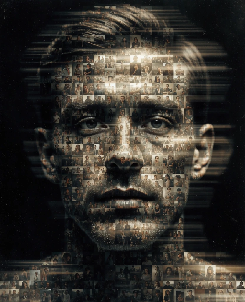 large-scale portrait of a man's face, constructed from a dense mosaic of hundreds of tiny rectangular images of various people and scenes, unified by heavy horizontal light streaks and motion blur, monochromatic dark sepia and golden highlights, chiaroscuro lighting with deep blacks, textured with film grain and dust, metallic sheen, ethereal and haunting aesthetic, where the mosaic grid dissolves into a cohesive glowing form, nostalgic low-fi cinematic finish.