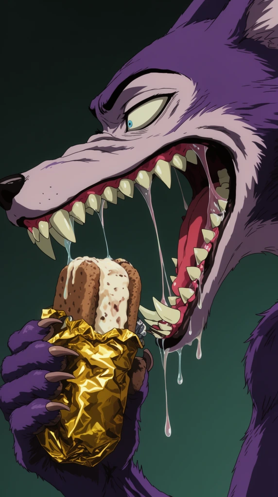 anthropomorphic purple wolf in extreme profile, unhinged jaws with sharp teeth and viscous drool, gripping a melting ice cream sandwich in crinkled gold foil, 2D anime cel shading