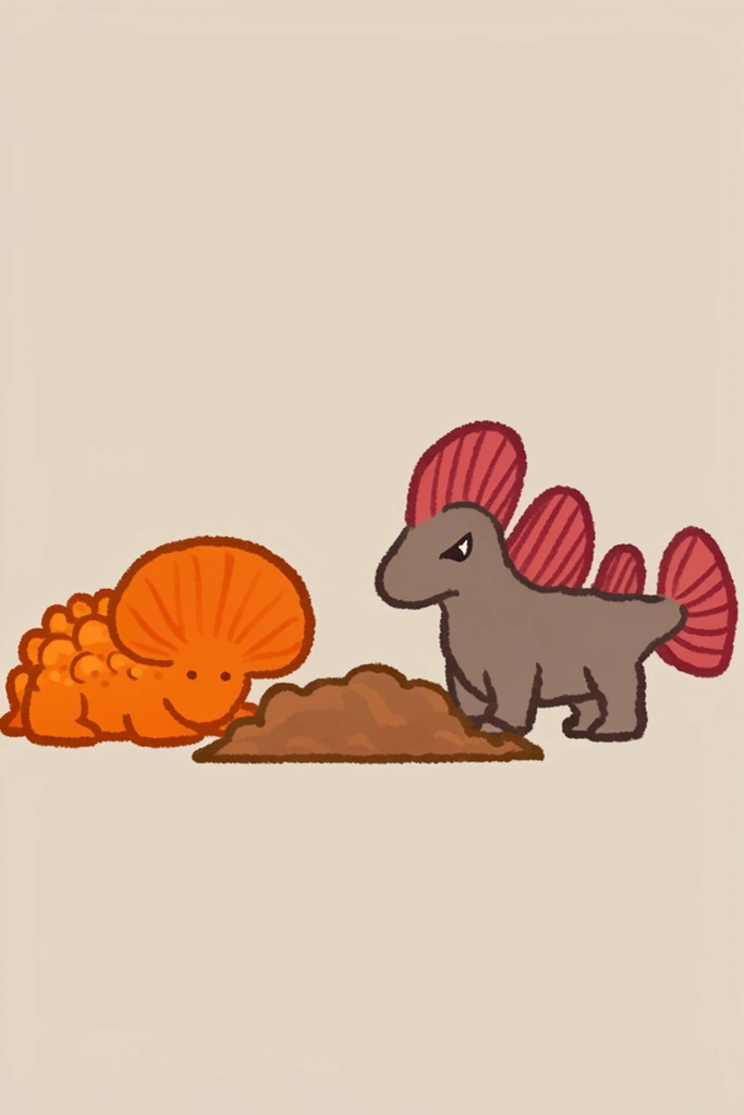Two stylized fantasy creatures flank a lumpy brown mound against a pure light beige background. On the left, an orange creature lies flat, featuring a large fan-shaped head crest, a bubbly textured back, and tiny dot eyes. On the right, a grey-brown creature stands on stout legs, sporting distinct reddish-pink ribbed fins along its spine, head, and tail, with a small angled dark eye conveying a focused expression. The digital 2D illustration utilizes thick, crayon-like textured outlines, solid warm colors, and a charmingly awkward indie-art aesthetic. The minimalist composition isolates the whimsical subjects on an open expanse to emphasize their playful proportions and unique silhouettes.