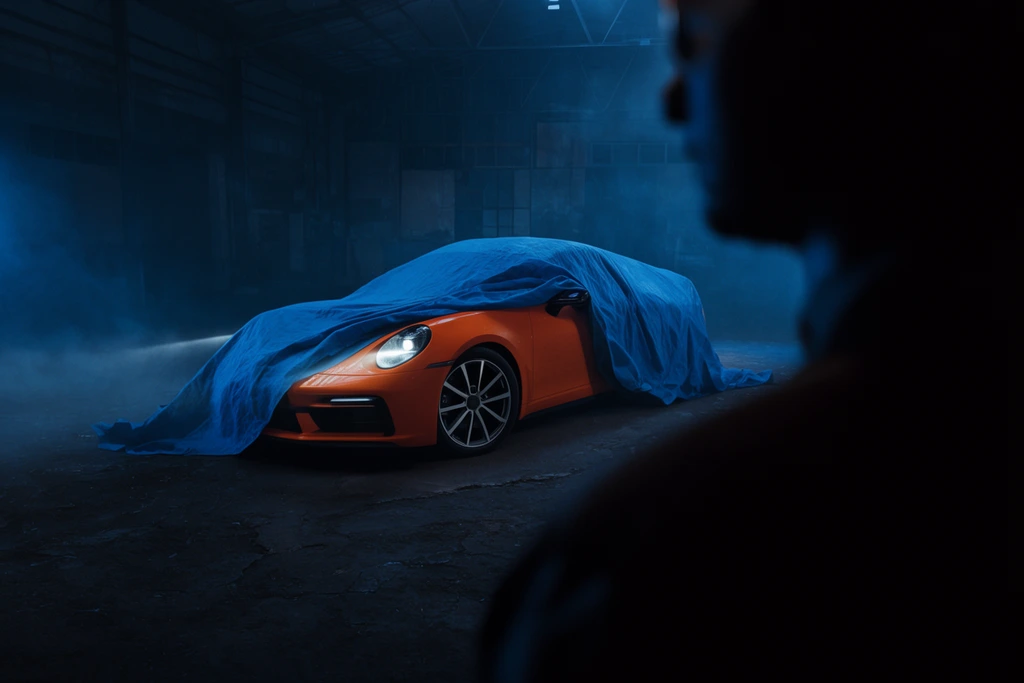 orange sports car partially veiled by blue tarp, illuminated headlights, alloy wheels, moody dark warehouse, cool blue ambient light, cinematic haze, blurred foreground silhouette