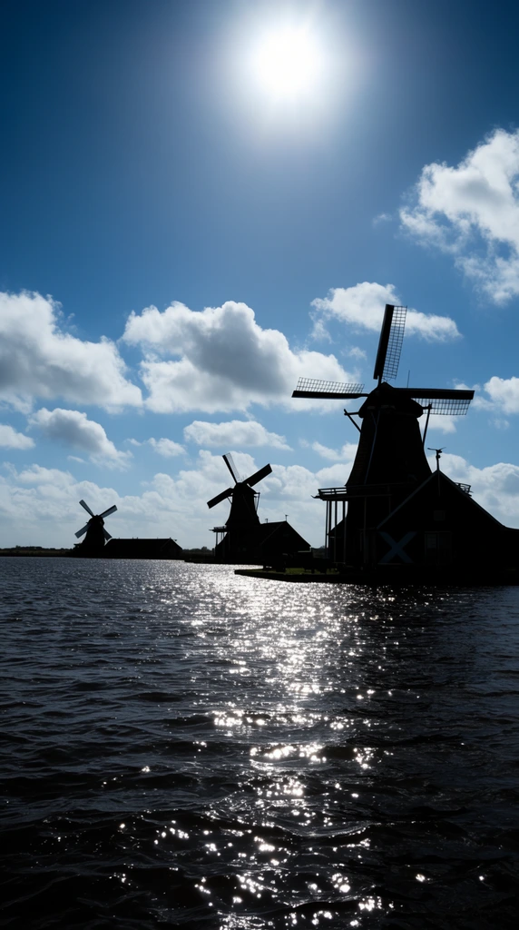 silhouetted traditional windmills against a bright sky, strong backlighting from a high sun, shimmering sunlight reflecting on dark rippling water in the foreground, expansive blue sky with scattered white clouds, receding row of structures along a flat horizon, high contrast landscape photography