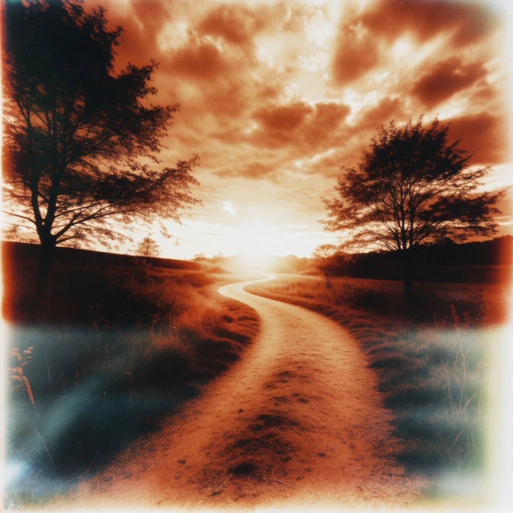 a winding dirt path flanked by silhouetted trees under dense clouds, rendered in a high-contrast burnt sienna and deep amber palette, intense solarized glow emanating from the horizon, heavy stippled analog film grain, ethereal light bloom and diffusion, long-exposure motion blur, deep charcoal shadows with subtle cyan color-fringing, low-fidelity tactile texture, surrealist experimental darkroom aesthetic, high-signal visual noise, light-leak artifacts, overexposed highlights.