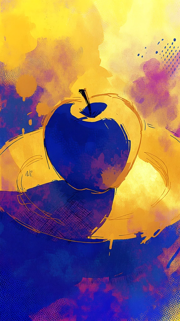 a single apple resting on a plate, expressionistic digital mixed-media illustration, deep cobalt blue and violet tones against a radiant ochre yellow background, heavy halftone dot screen patterns, gestural cross-hatching, scribbled concentric linework, organic ink drips and paint splatters, bold jagged outlines, flattened perspective, textured brushstrokes, luminous high-contrast atmosphere, distressed analog-digital hybrid aesthetic, energetic painterly marks