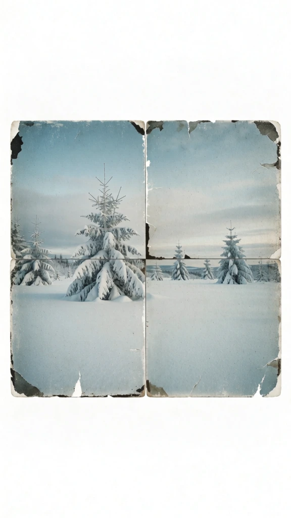 A four-panel grid of square photographs creates a single composite view of a serene, snow-covered winter landscape under a muted blue and grey sky. The landscape features several evergreen trees, heavily laden with thick white snow, standing amidst a vast, untouched field of white snow. The largest tree is positioned in the center-left, spanning the horizontal divide of the panels, while smaller, more distant trees are scattered across the horizon line in the right-hand panels. Each of the four photographic panels exhibits a distressed, aged aesthetic with dark, irregular, and peeling edges that reveal white paper fibers underneath, characteristic of an emulsion transfer or a weathered print. The overall composition is divided by a thin, dark cross-shaped gap where the four panels meet. The color palette is dominated by cool, desaturated tones of pale blue, soft grey, and brilliant white, creating a quiet and cold atmosphere. The lighting is soft and diffused, indicating an overcast sky, while the texture of the image appears grainy and slightly textured like fine-grained paper. Each panel is roughly the same size, with slight variations in the tattered borders, and they are set against a plain white background.