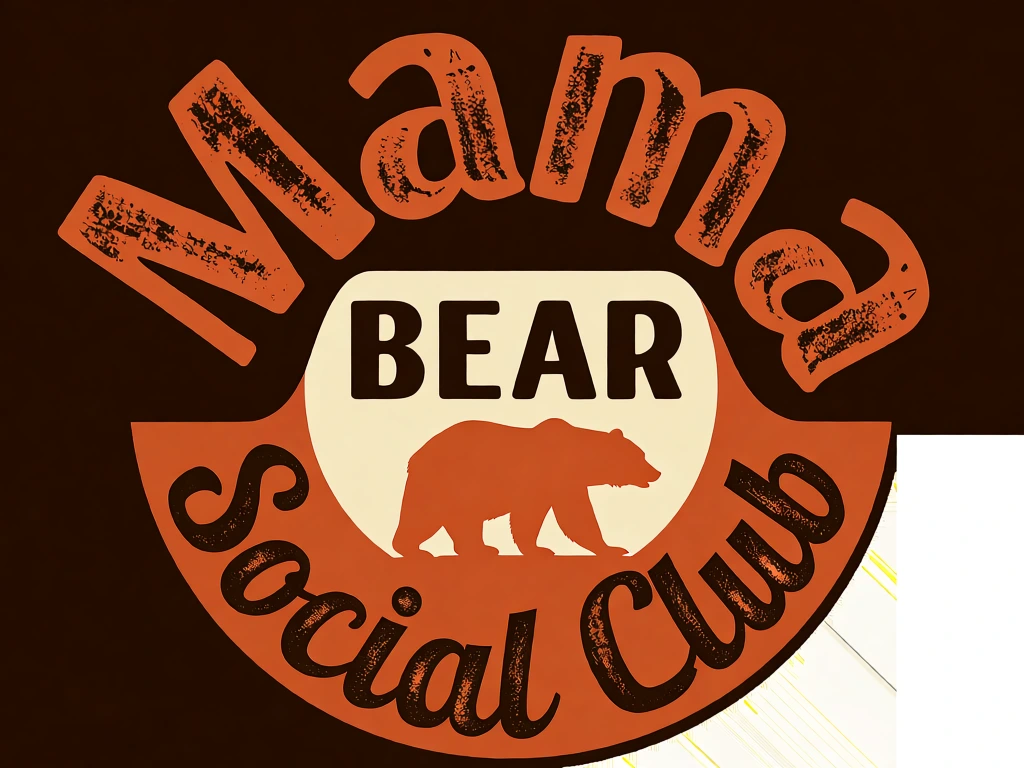 Vintage badge style typographic silhouette design showcasing "Mama Bear Social Club", distressed bold typography with curved layout, strong mama bear silhouette in the center holding small heart icon, minimal mountain and pine tree vectors, warm retro color scheme of burnt orange dark brown and cream, flat vector illustration, clean background, balanced centered composition, 1:1 aspect ratio