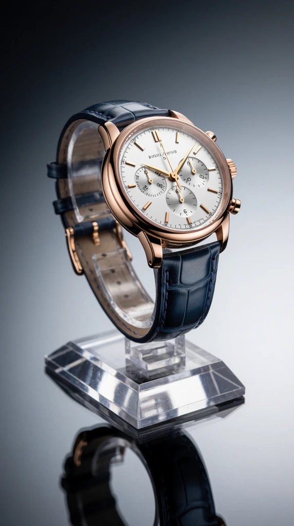 luxury wristwatch mounted on a clear acrylic display stand, polished rose gold case, pristine white dial with three intricate silver subdials, applied gold baton hour markers, elegant gold hands, textured dark blue alligator leather strap, resting on a highly reflective mirrored surface, smooth studio gradient background fading from deep grey to light silver, high-end commercial product photography, macro lens, sharp focus, soft diffused lighting, crisp specular highlights on metallic edges