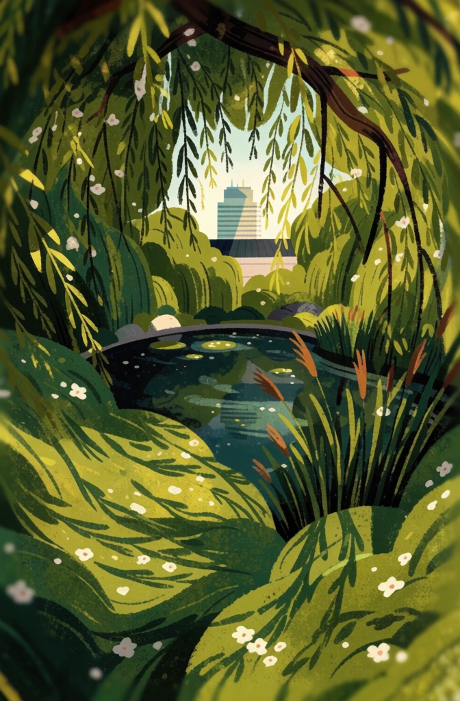 top-down bird's-eye view through a dense radial frame of overhanging willow branches and reeds, painterly digital illustration style, textured brushstrokes, a modern skyscraper with a stepped roofline behind a building centered in a dark pool, dappled sunlight filtering through greenery, deep olive and emerald greens, warm yellow highlights, scattered white floral flecks, atmospheric depth, soft-focus vignette, organic shadows, vibrant mossy textures, 2d graphic aesthetic.