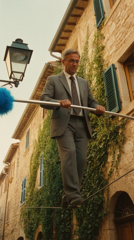 middle-aged man in grey suit and glasses tightrope walking on thin cable, holding long silver balancing pole with bright blue fluffy end, suspended between old stone buildings, walls covered in climbing green ivy, dark green wooden window shutters, vintage black street lamp on left, low angle shot, pale sky, warm retro cinematic lighting, 35mm film grain