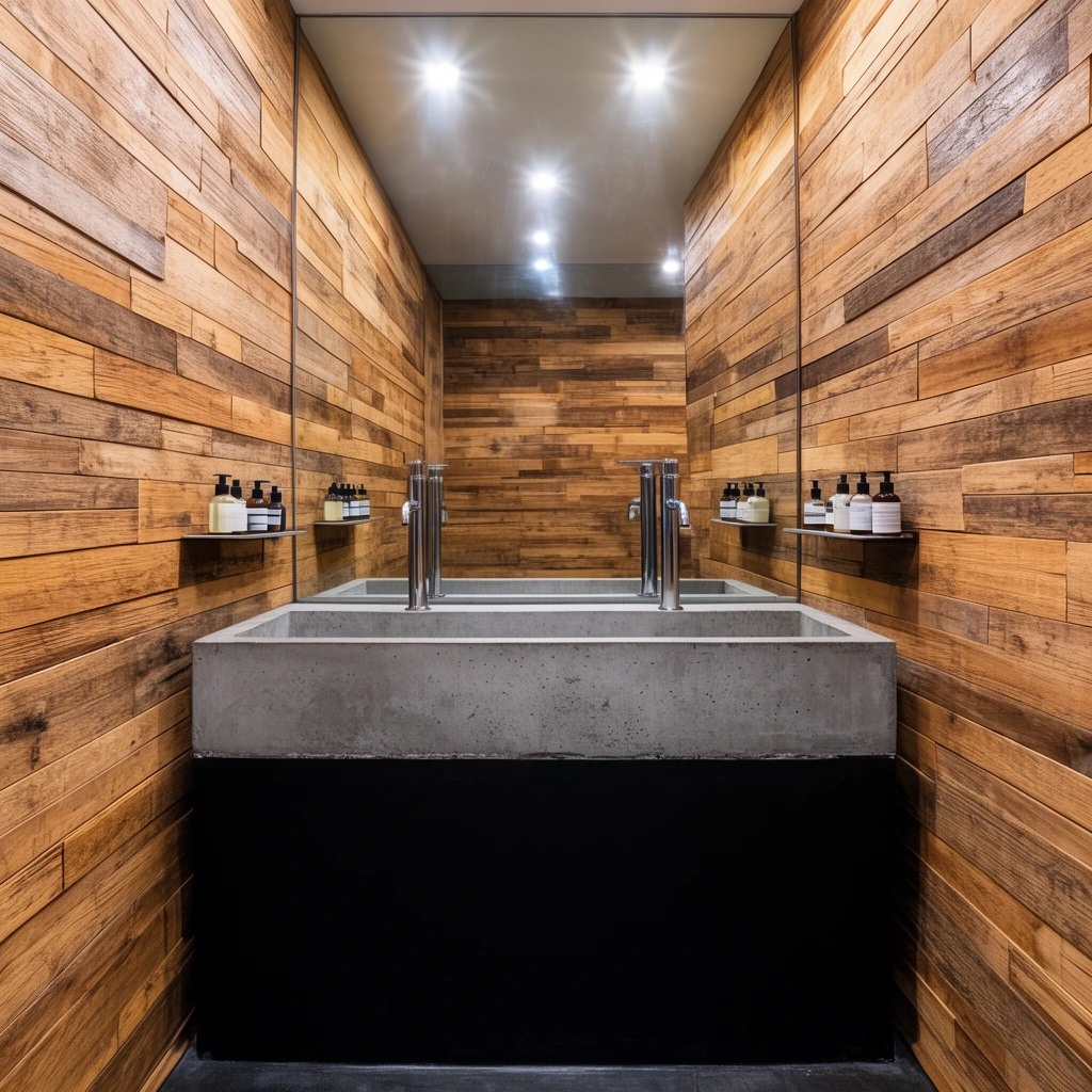 A rectangular concrete trough sink with a solid black base anchors a narrow washroom lined with warm, staggered wooden planks. A full-wall mirror reflects tall chrome faucets, small shelved bottles, and bright overhead lights, creating a symmetrical one-point perspective highlighting the rustic-industrial design.