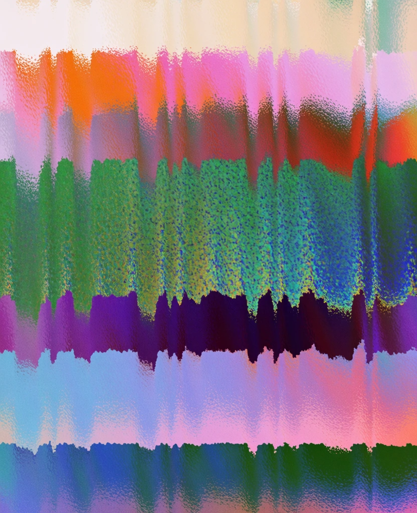 An abstract digital artwork consists of layered horizontal bands of color characterized by fine, vertical needle-like streaks and grainy textures. The composition is organized into several distinct horizontal strata, starting at the top with a pale cream-white area that transitions into a vibrant orange and pink band with jagged, downward-pointing edges. Below this, a wide band of shimmering emerald and lime green dominates the center, peppered with dark blue and yellow specks that resemble digital noise. Further down, a deep violet and purple layer transitions sharply into a light pastel blue and lavender section. The bottom-most layer features dark indigo and navy blue tones mixed with pale green. Throughout the composition, the colors are stretched vertically into thin, sharp lines of varying lengths, creating a pixel-sorting effect where the colors bleed into one another across the boundaries. The overall texture is highly detailed, with fine grain and iridescent-like speckles visible within the green and purple bands. The piece is a flat, non-representational plane viewed from a straight-on perspective with uniform lighting that gives the colors a luminous, digital glow. The color palette is highly saturated and covers a broad spectrum from warm oranges to cool blues and greens, utilizing an artistic style that mimics data corruption and generative digital processes.