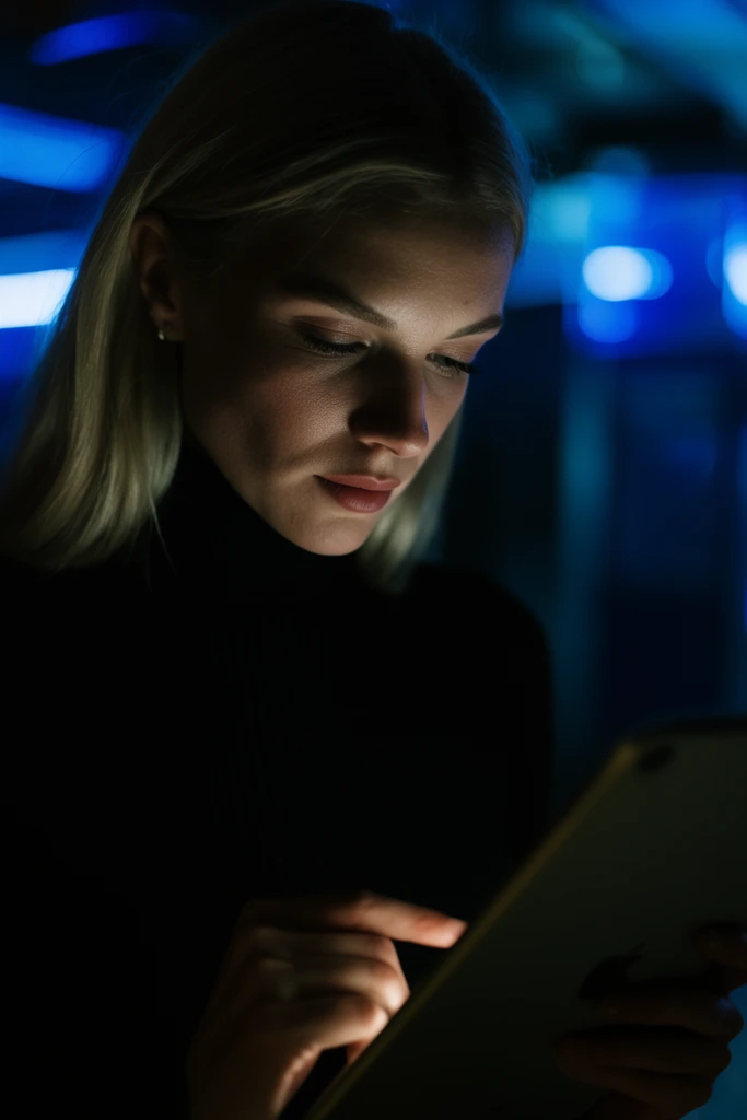 Close-up of a blonde woman in a black turtleneck gazing down at a glowing tablet. Dramatic low-key lighting casts deep shadows on her face. Blurred blue neon lights fill the dark, moody background.