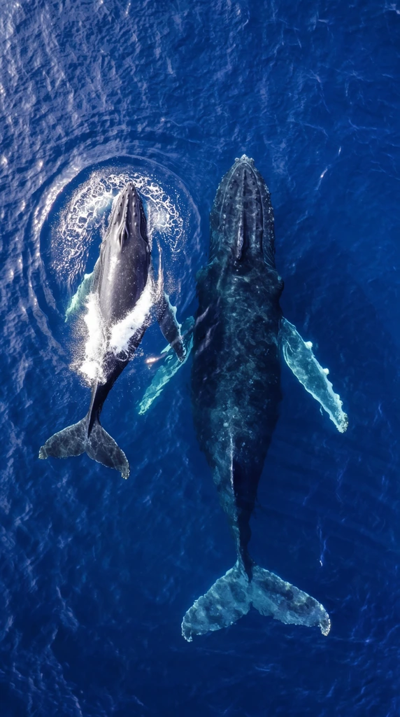 An aerial top-down view captures an adult humpback whale and its smaller calf swimming together through deep indigo ocean water. The calf surfaces on the left, its head breaking the water to create a crisp spray of bright white foam and concentric ripples. Directly beneath and slightly to the right of the calf, the colossal adult whale glides just below the surface, its dark gray body and expansive, pale-edged pectoral fins visible through the transparent blue depths. The surrounding ocean is rendered in a rich palette of sapphire, navy, and azure, textured by gentle surface waves. Scintillating glints of natural sunlight reflect off the rippling water, creating a high-contrast interplay between the luminous highlights and the profound, dark aquatic backdrop.