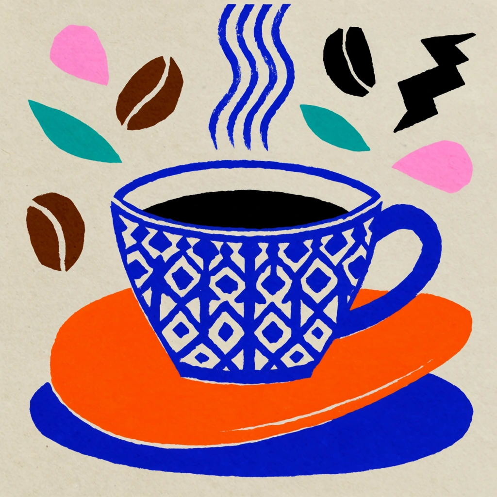 stylized block print illustration of a blue and white patterned coffee cup filled with black liquid, resting on a bright asymmetrical orange saucer, solid blue oval shadow beneath, textured beige paper background, wavy blue steam lines rising upward, surrounded by floating abstract shapes resembling coffee beans, teal leaves, pink petals, jagged black forms, flat unshaded colors, rough stenciled linework, mid-century modern graphic design aesthetic, strong complementary palette of cobalt blue and tangerine