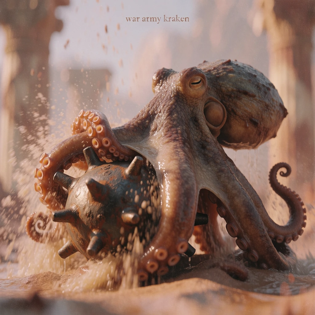 cinematic close-up of a massive octopus with leathery skin coiled around a vintage spiked naval mine, dynamic water splashes with soft motion blur mimicking falling sand, monochromatic palette of warm ochre and dusty terracotta, diffuse directional lighting, shallow depth of field against a bokeh background of ancient weathered columns, gritty fine-grained texture, war army kraken positioned at the top in muted serif typography, atmospheric and somber mood, 35mm film aesthetic.