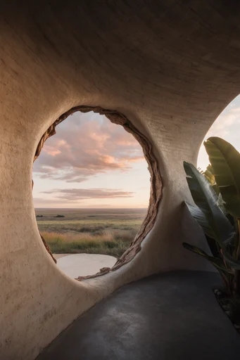 Biophilic Organic Brutalism style reference image — board-formed concrete