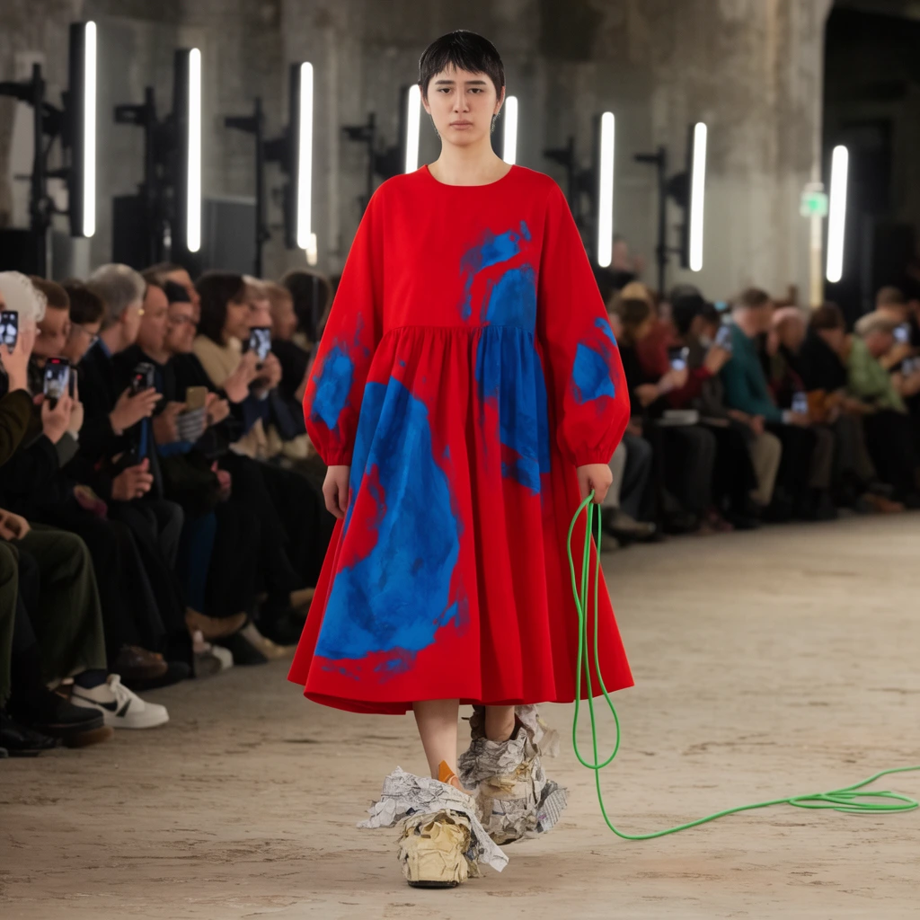 A runway model strides forward wearing a voluminous red dress with large abstract blue patches. They hold a bright green cord and wear heavily textured platform shoes wrapped in crumpled paper. The industrial background shows an audience taking photos under long strip lights.