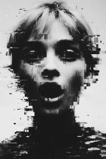 Monochrome Glitch Fragmentation style reference image — film grain texture