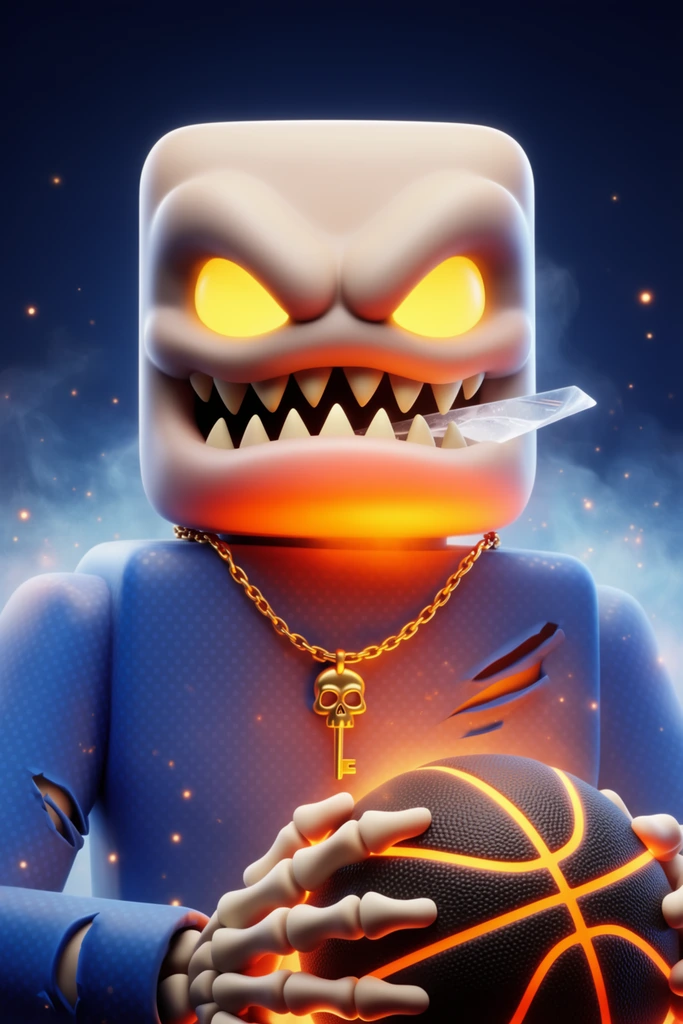 3D stylized blocky monster character, glowing yellow eyes, jagged teeth, translucent shard in mouth, ripped blue dotted suit, skeletal hand gripping a black basketball with glowing orange seams, golden skull key necklace, dramatic orange underlighting on chin and chest, dark blue background with ethereal mist and floating sparks, smooth matte 3D render, bloom lighting