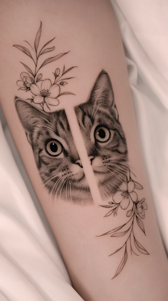 A black and grey fine-line tattoo of a tabby cat on pale skin rests against draped white fabric. The highly detailed feline face features wide alert eyes and soft fur textures rendered through precise stippling. A striking vertical band of bare skin dramatically bisects the animal face down the center. Delicate illustrative branches with slender leaves and open blossoms elegantly frame the upper left and lower right edges of the cat head. The combination of micro-realism in the portrait and precise minimalist line work in the surrounding flora creates a captivating composition under soft diffused lighting highlighting the gentle folds of the cloth background.