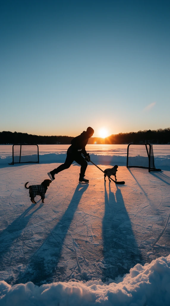silhouette of a hockey player mid-stride on a frozen lake, small dog in a checkered coat nearby, long dramatic shadows stretching across scored ice, black pond hockey nets, snowbanks, distant dark treeline, glowing setting sun on the horizon, clear sky transitioning from deep blue to warm orange, lens flare, golden hour lighting, wide-angle winter landscape photography
