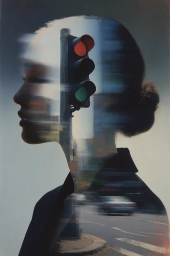 Kinetic Glitch Surrealism style reference image — vibrant light trails