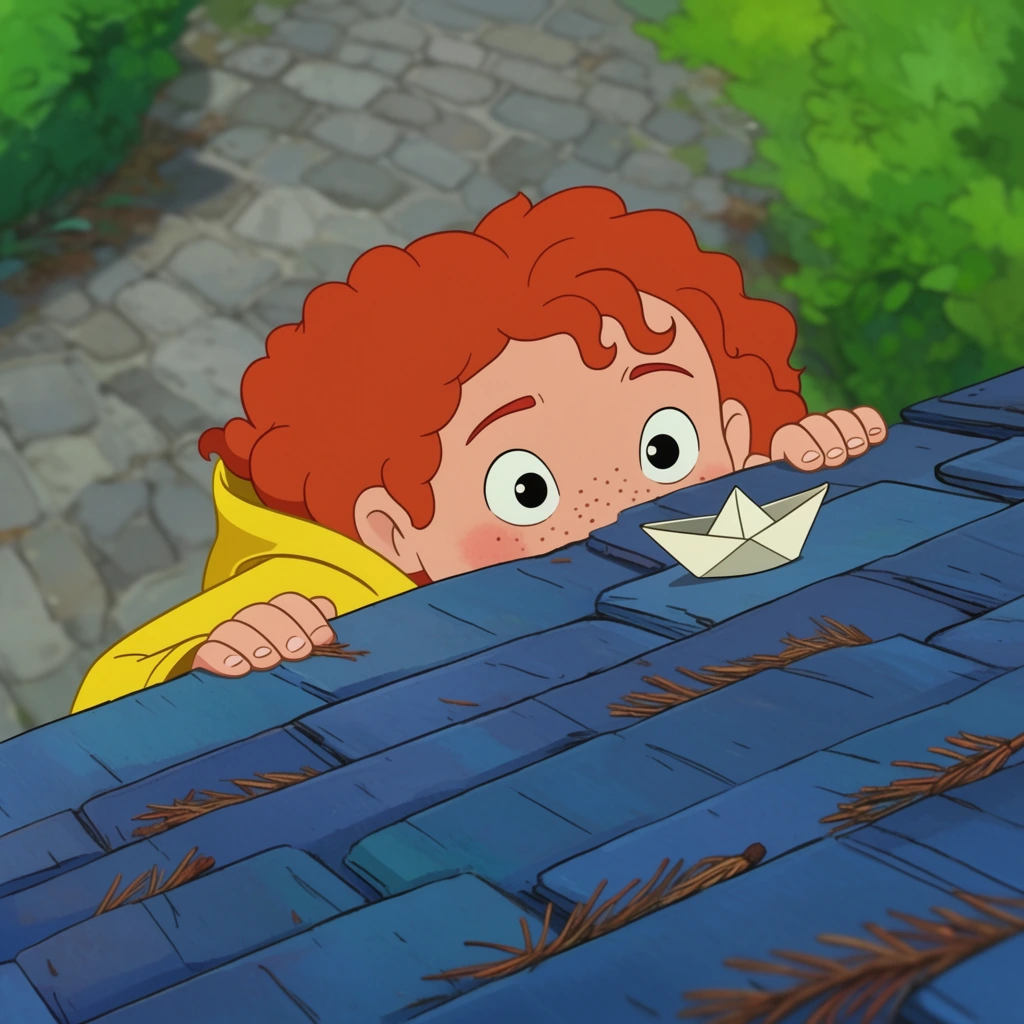 A young girl with curly red hair and a yellow raincoat peeks cautiously over the edge of a slanted blue shingled roof. The tight, high-angle perspective focuses on her wide, expressive eyes and freckled face half-hidden behind the roofline. Her pale hands firmly grip the edge, and just beside her fingers rests a small, folded white origami boat. Dried brown pine needles are caught in the horizontal crevices of the blue roof tiles. In the softly blurred background far below, a gray cobblestone path winds past vibrant green bushes. The scene is rendered in a hand-drawn 2D animation style, featuring crisp cel-shaded character details, smooth linework, and a richly painted, vibrant environment that emphasizes a sense of playful curiosity and towering height.