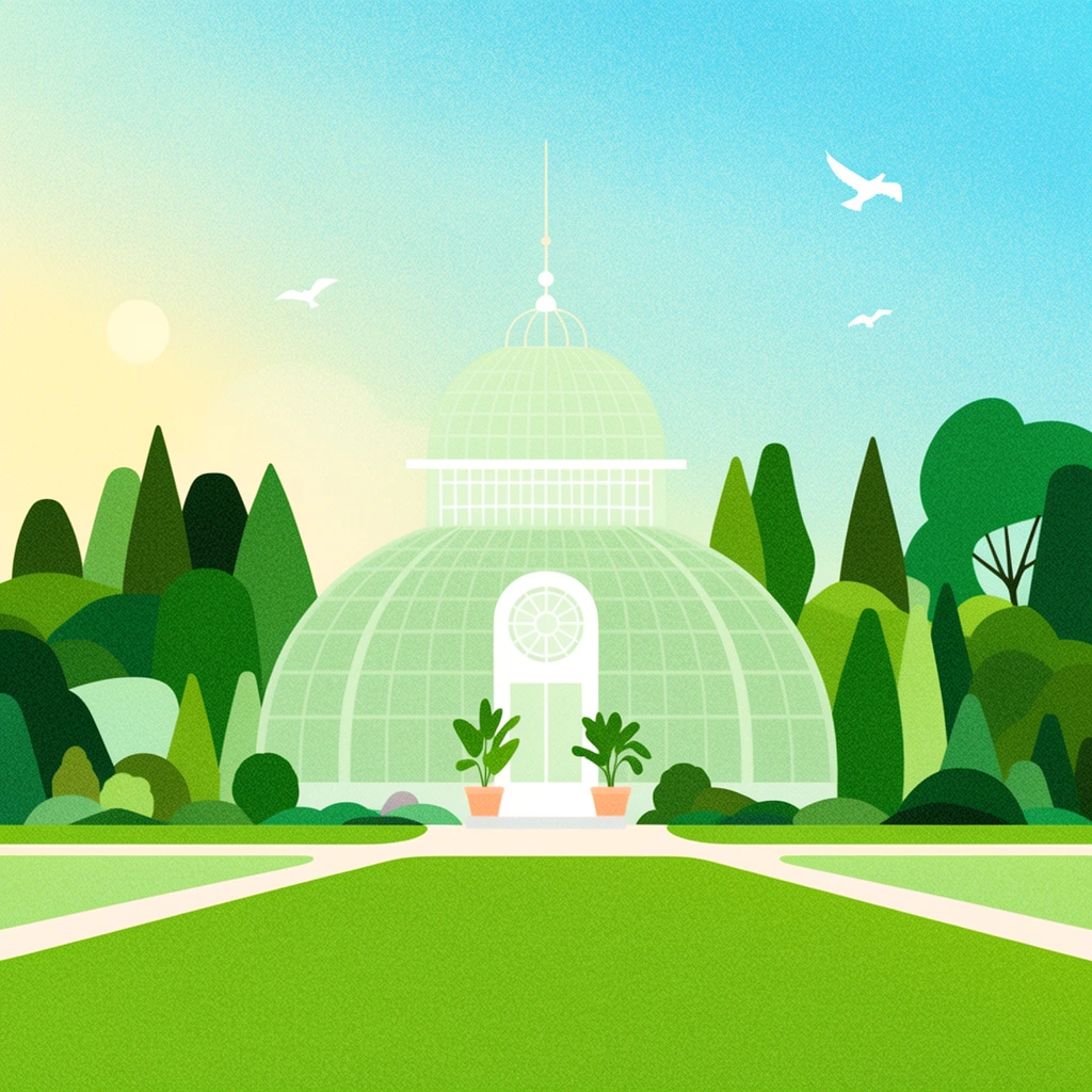 A symmetrical minimalist illustration of a pale green glass conservatory centered in a vibrant botanical garden. The greenhouse features a domed roof with delicate framework, a slender top spire, and potted plants flanking a white entrance medallion. Lush geometric trees and shrubs in contrasting shades of green tightly frame the structure. A vast bright green lawn with converging pale pathways anchors the foreground. The background sky transitions smoothly from soft pastel yellow to bright cyan, accented by three flying white birds and a faint sun. The entire composition utilizes flat color planes overlaid with a distinct, uniform stippled grain texture.