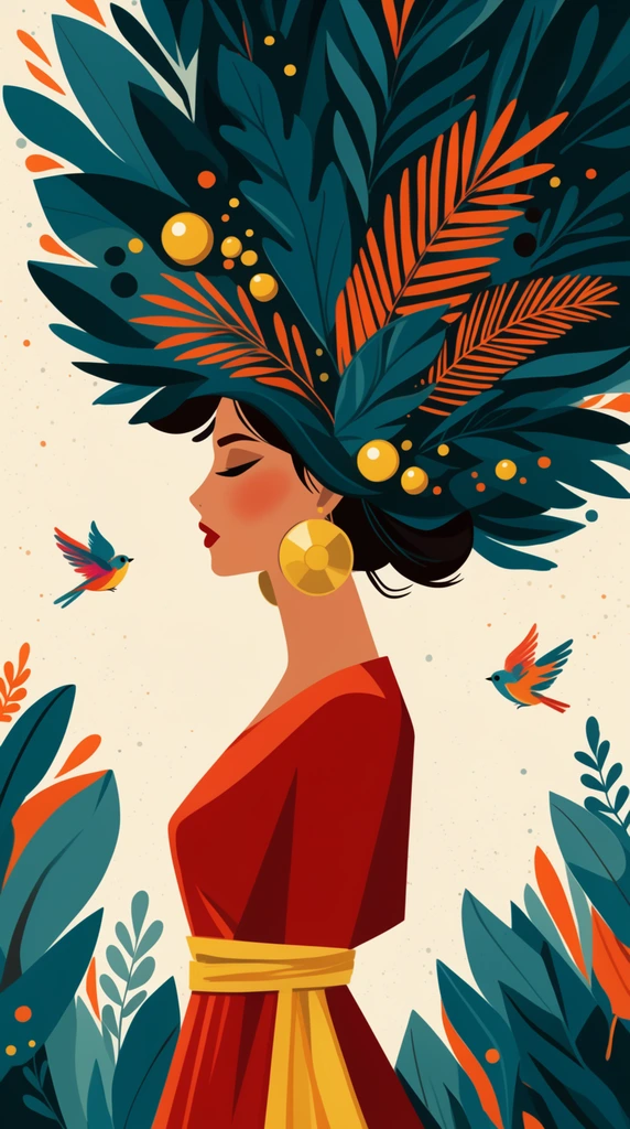 A serene woman in profile facing left, crowned by a massive botanical headdress of dark teal leaves, orange fronds, and golden spheres. She wears large gold disc earrings and a red dress with a yellow sash. Two tiny vibrant birds fly nearby. The flat mid-century modern illustration features organic vector shapes, a contrasting teal and orange palette, and a speckled cream background framed by stylized foliage.