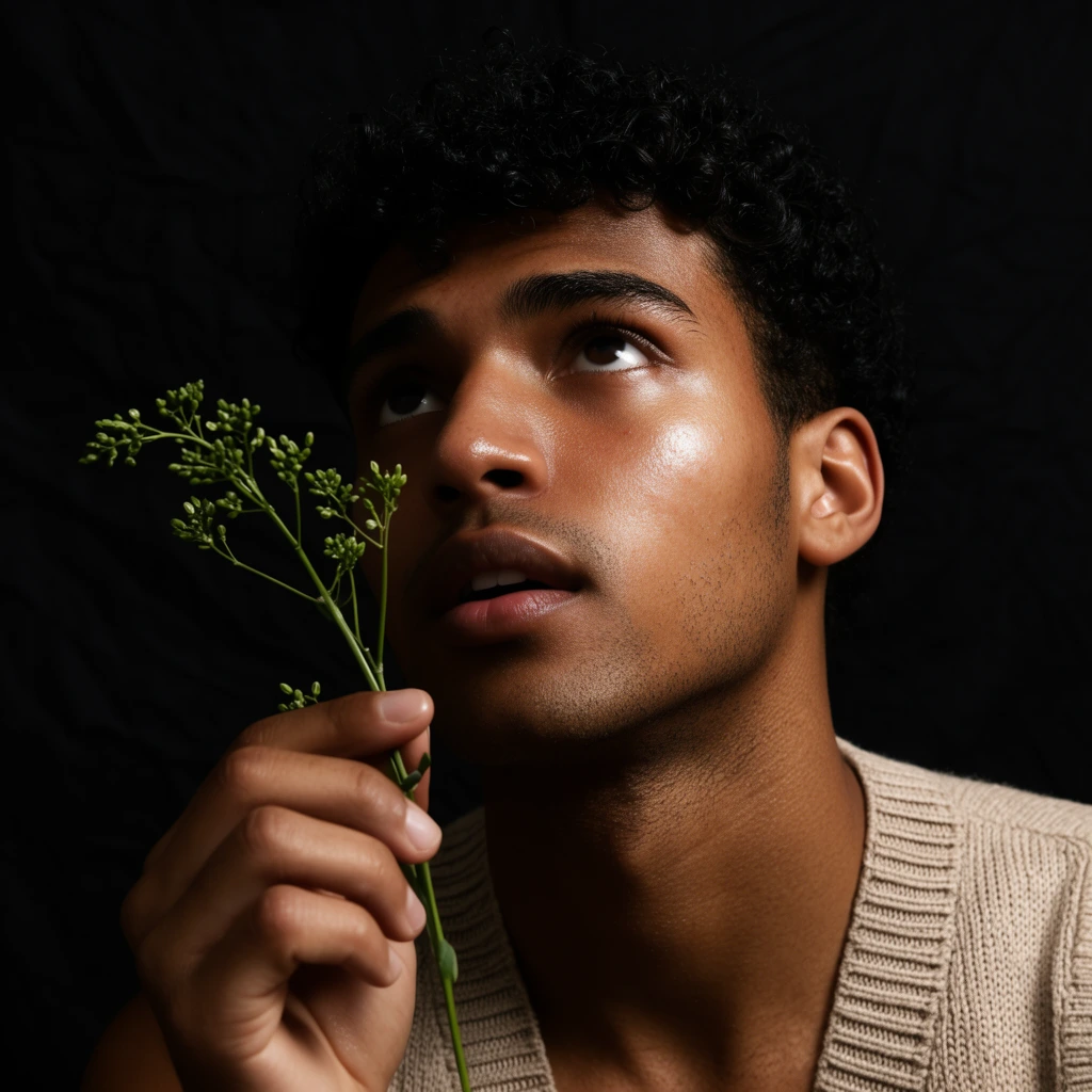 close-up portrait of a young man with dark curly hair and warm brown skin, holding a sprig of budding green flowers, looking upward with slightly parted lips, wearing a beige ribbed knit sleeveless vest, hand gently pinching the delicate plant stem, dramatic chiaroscuro lighting, bright highlights on his right cheek, deep shadows on the left, solid textured black fabric background, detailed skin texture, subtle facial hair, moody studio photography