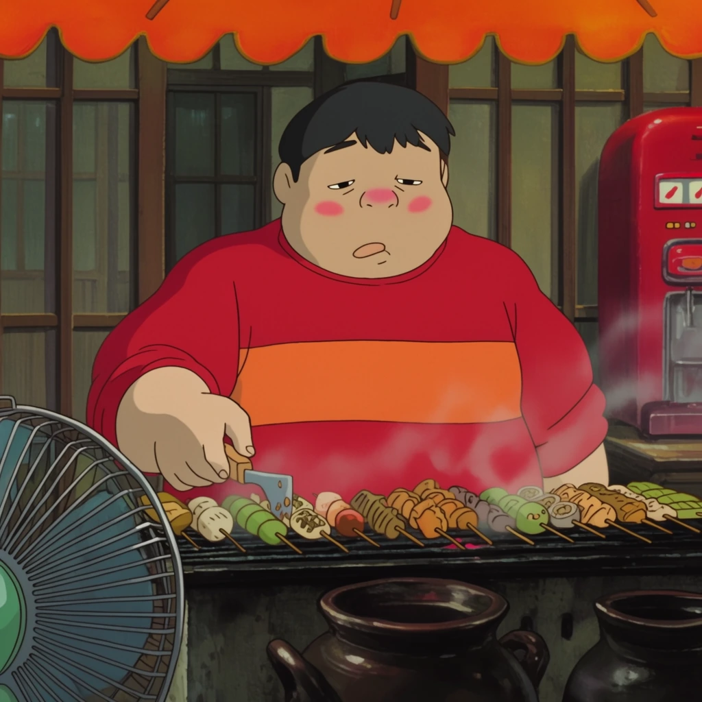 A hand-drawn 2D animated cel of a heavyset, drowsy man with rosy cheeks cooking at a street food stall. Wearing a red shirt with an orange mid-stripe, he stands behind a steaming grill loaded with skewered snacks. The foreground holds dark ceramic pots and a metal wire fan. He is framed by an orange scalloped awning, traditional wooden sliding doors, and a classic red beverage machine in the softly lit, nostalgic background.