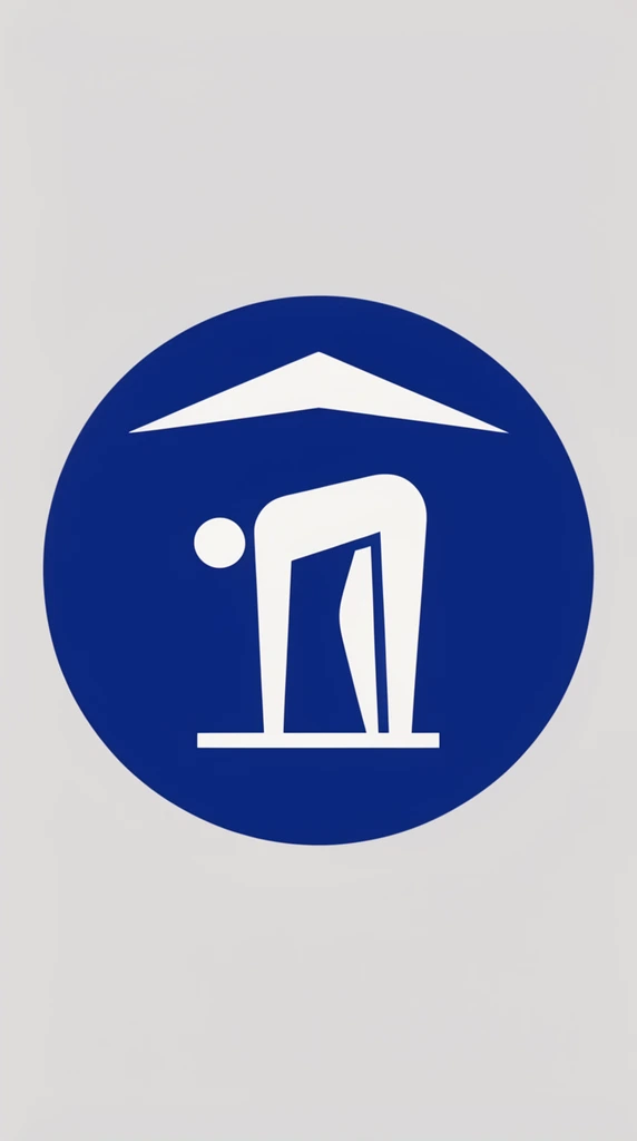 A minimalist vector graphic features crisp white geometric shapes inside a solid dark blue circle on a light gray background. A stylized figure bends deeply forward, its limbs extending straight down to a horizontal white baseline while a detached circular head hangs low. A wide, shallow inverted V-shape hovers prominently above the figure. The flat composition utilizes stark contrast, unshaded solid colors, and clean forms typical of mid-century universal signage.
