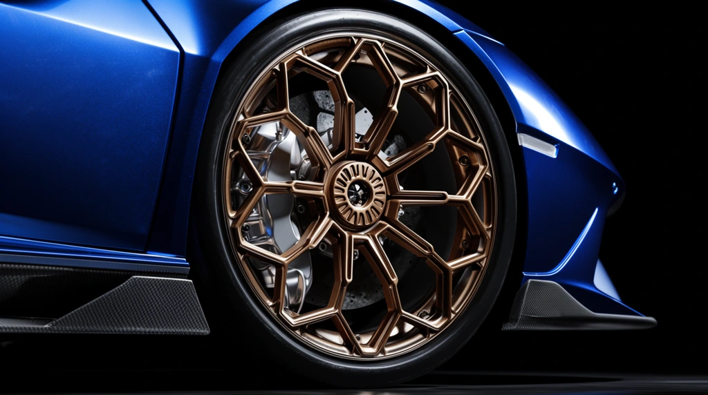close up of a front wheel on a metallic blue exotic sports car, intricate bronze alloy rim featuring interlocking geometric hexagonal spokes, sleek low-profile black tire, heavy-duty silver brake caliper behind the spokes, sharp angular car body panels, textured carbon fiber aerodynamic side skirt, dramatic high-contrast studio lighting, intense specular highlights on metallic surfaces, deep pure black background, premium macro automotive photography