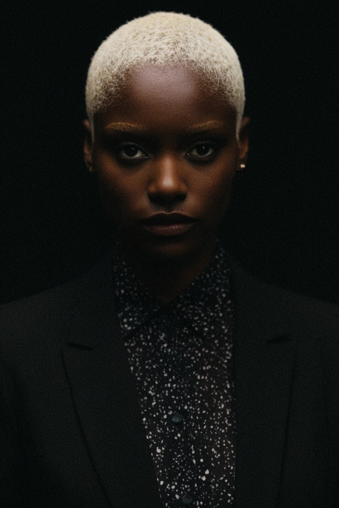 portrait of a Black woman with a platinum blonde buzzcut, intense gaze, black blazer over a dark speckled blouse, dramatic low-key studio lighting, solid black background, heavy film grain