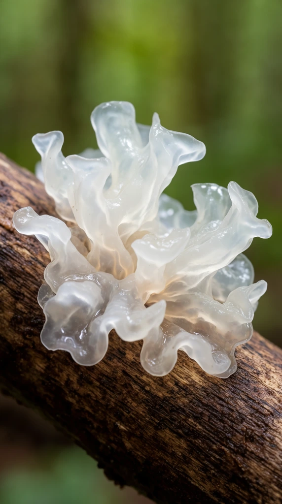 A translucent, gelatinous white jelly fungus grows from a heavily textured brown wooden branch. The delicate organism features irregular, wavy, lobed structures with a glossy, wet surface catching soft natural highlights. Macro photography with a shallow depth of field isolates the semi-transparent, coral-like folds against a softly blurred, mottled green forest background, sharply contrasting the slick, fragile texture of the fungus against the rough, dark wood grain.