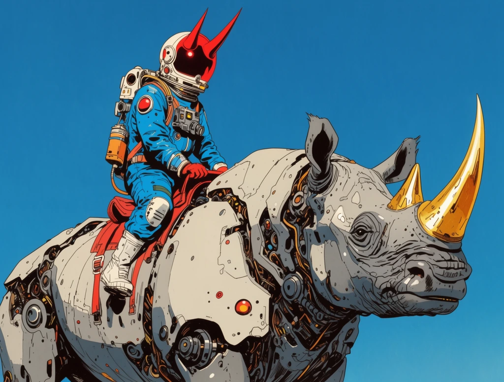 astronaut riding mechanical rhinoceros, retro-futuristic blue suit, red-horned helmet, cyborg beast with golden horn, blue sky, flat comic illustration