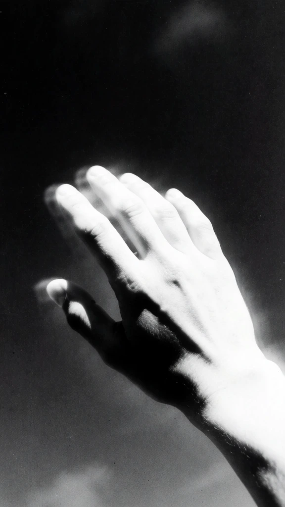 female right hand only, exactly five fingers, no extra fingers, diagonal composition, hand entering from lower right corner toward upper left corner, perspective as if writing across empty black sky, fingers slightly extended in mid-writing gesture, only part of the hand visible, strong negative space, black background high contrast monochrome image, overexposed white areas, blown highlights, deep black shadows, minimal midtones, strong soft bloom around bright zones, light partially erasing skin texture, subtle film grain, analog noise, slightly blurred edges, not clean digital sharpness