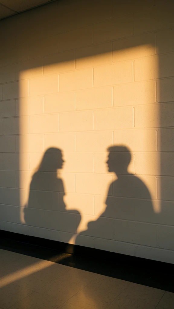 The warm, golden light of sunset casts two human shadows onto a white-painted cinder block wall as they sit facing each other. The shadows are soft-edged, with the figure on the left appearing to have longer hair and facing right, while the figure on the right is also seated and faces left toward the other. These two central silhouettes are framed within a large, bright rectangular patch of golden light that illuminates the center of the wall, leaving the edges in cooler, dimmer tones. The wall itself shows a repetitive pattern of rectangular concrete blocks and horizontal mortar lines under the layer of white paint. Below the wall, a dark black baseboard transitions into a tiled floor, where a diagonal line of shadow cuts across the light-colored, speckled surface. The lighting is low-angled and warm, creating a high-contrast scene with a minimalist aesthetic. The camera angle is eye-level and direct, capturing the texture of the masonry and the play of light and shadow in a balanced composition.