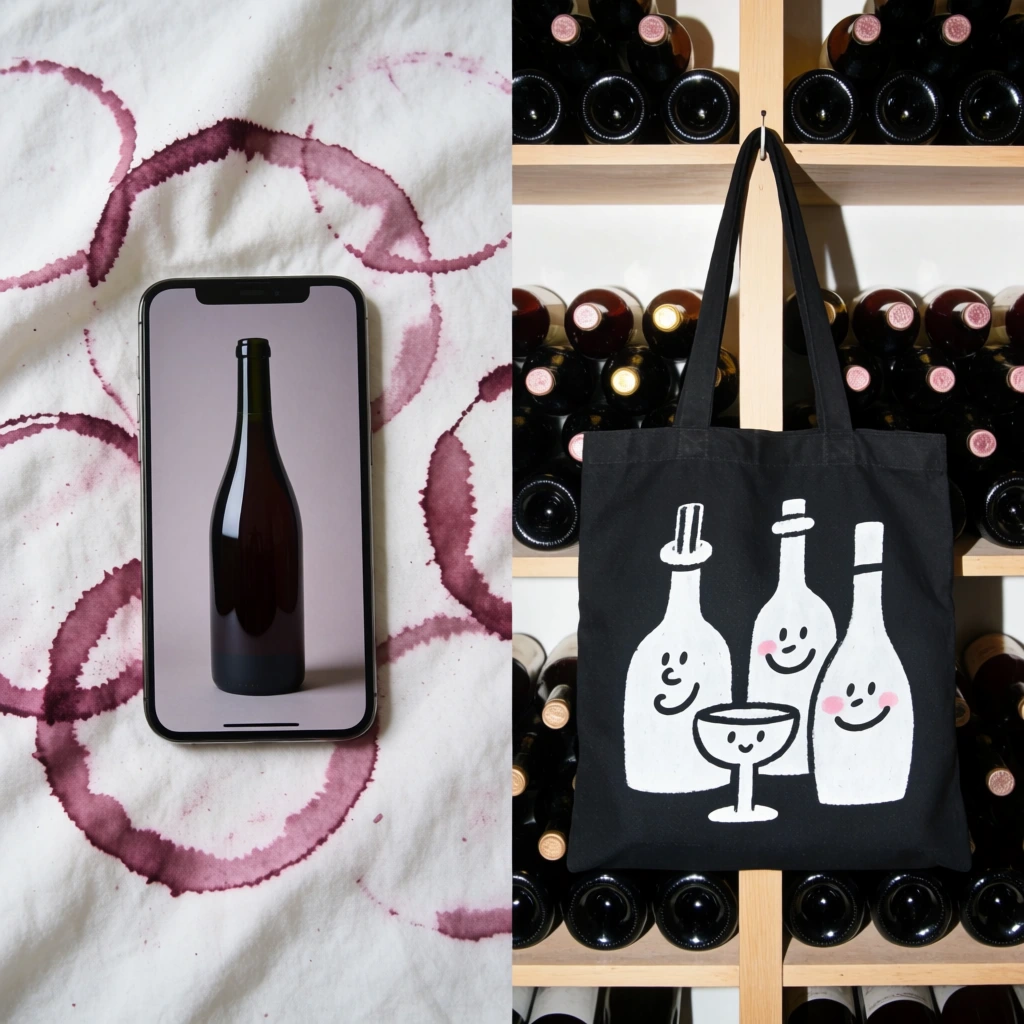 A diptych contrasting two wine-themed still lifes. The left panel shows a modern smartphone resting on white fabric marked by overlapping reddish-purple circular stains. The screen displays an isolated dark glass bottle. The right panel features a black canvas tote bag hanging vertically, decorated with a white illustration of stylized, smiling bottles and stemware. The bag is suspended before a light wooden shelving unit packed with horizontal rows of dark glass bottles under bright, direct lighting.