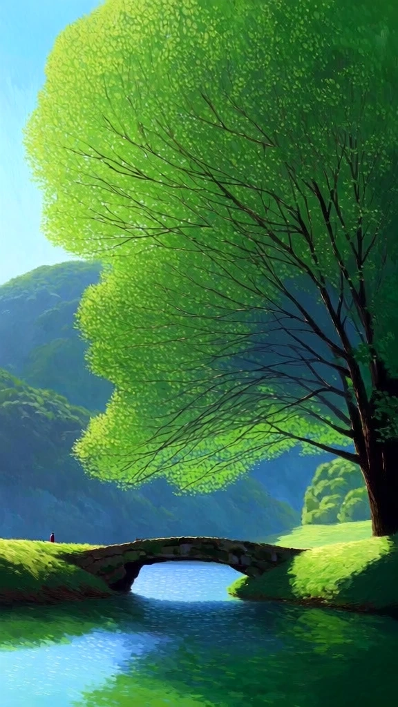 ghibli-inspired digital painting, stone bridge with weathered pavers crossing calm turquoise water, massive overhanging trees with dense stippled leaves and fine branch detail, vibrant lime and deep forest green palette, soft hazy blue mountains in background, painterly aesthetic with visible brushstrokes, serene atmospheric perspective, high-key sunlight filtering from above, tiny distant figures, minimalist composition, peaceful cinematic landscape, ethereal and whimsical tone