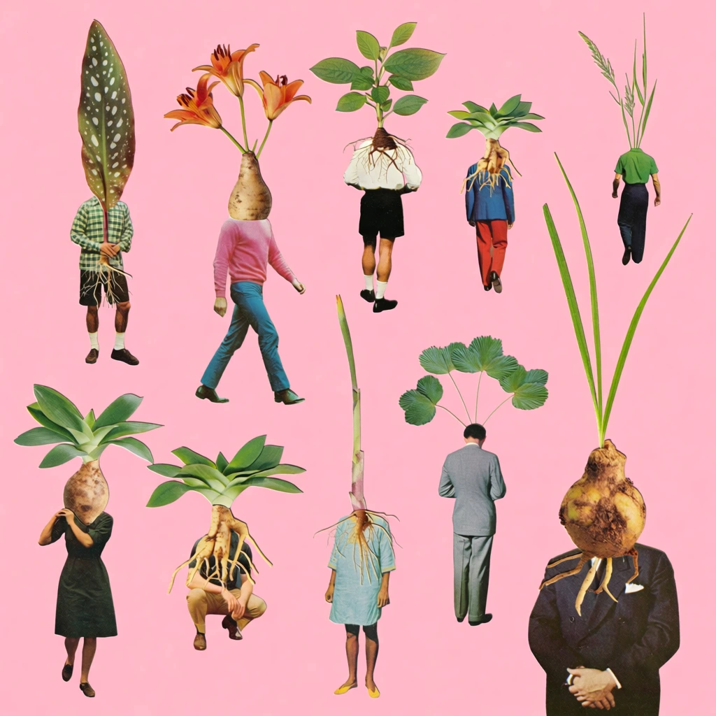 A surreal collage features eleven distinct human figures with various botanical specimens replacing their heads, all arranged across a solid, flat pink background. In the upper left, a figure wearing a green and white plaid shirt and dark shorts supports a tall, vertically oriented spotted leaf with exposed roots. To its right, a person in a pink sweater and blue jeans walks towards the right, their head replaced by a thick tuberous bulb from which three orange lily-like flowers bloom. Near the top center, a figure in a white shirt and black shorts is viewed from behind with a leafy green plant and tangled roots growing from the neck. Next to them is a smaller figure in a blue jacket and red trousers with a similar root system head, followed by another small figure in a green shirt and dark pants in the top right corner with long, thin grassy stalks. On the bottom left, a figure in a dark dress carries a large bulbous root on their shoulder topped with broad green leaves. Beside them, a person in tan trousers crouches with a head consisting of thick roots and wide green foliage. In the lower middle, a person in a light blue tunic stands with a head made of a very tall, slender stalk and dangling roots. To the right, a man in a grey suit is seen from behind, topped with a spray of fan-like green leaves. The largest figure in the bottom right corner wears a dark suit with hands clasped, topped by a substantial brown tuberous root from which three long, thin blades of grass reach toward the top of the frame. The composition is entirely flat with no shadows or defined ground plane, creating an effect of figures floating in a monochromatic space. The elements appear to be cutouts from vintage printed materials, showcasing sharp edges and varied photographic textures characteristic of hand-made collage.