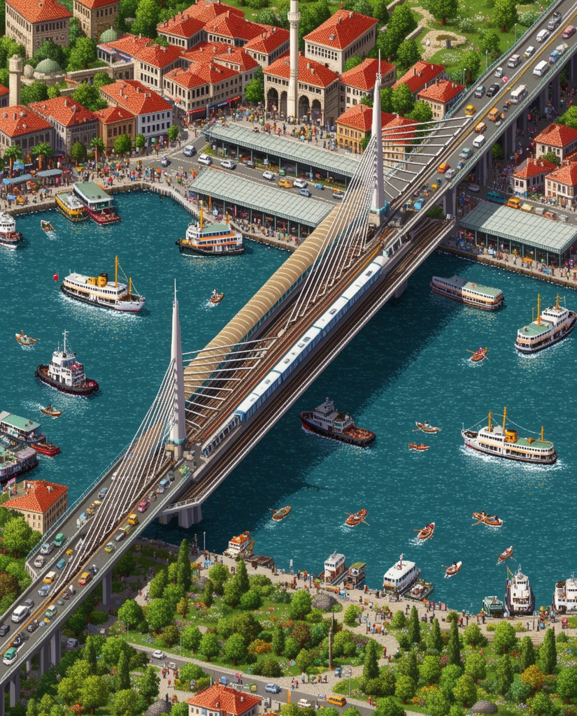 An isometric pixel art view of a bustling waterfront city centered on a diagonal cable-stayed bridge with an enclosed railway. Vibrant blue-green water teems with ferries, tugboats, and rowboats beneath a concrete highway overpass. The shores feature historical buildings with red tile roofs, a minaret, lush parks, and busy transit terminals. Bright daylight illuminates the vivid, micro-detailed urban simulation aesthetic.