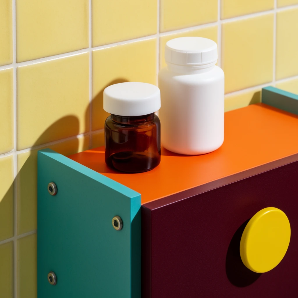 Two medicine bottles sit on a colorful geometric shelf against a pale yellow tiled wall. A short dark amber bottle with a thick white cap sits next to a taller opaque white plastic bottle. They rest on a vibrant orange surface bordered by a matte teal side panel secured with metal hex screws. Adjacent is a dark burgundy block featuring a flat yellow circular knob. Hard directional lighting from the upper left casts sharp shadows across the square ceramic tiles, emphasizing the graphic color-blocking and retro-modern aesthetic of the close-up still life photograph.