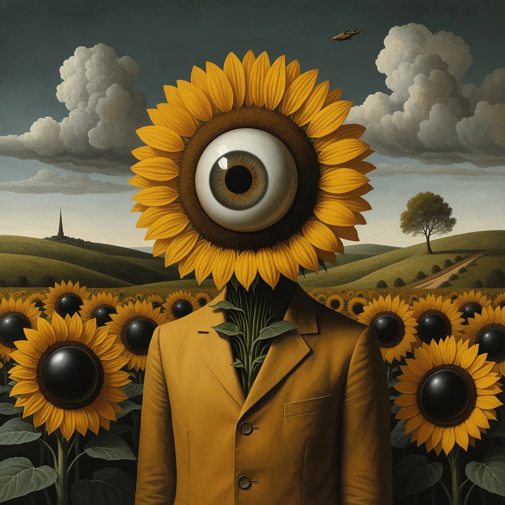 A surreal humanoid figure with a giant sunflower head stands in a dense sunflower field beneath a moody sky. The figure wears a tailored, mustard-yellow button-down jacket. Blooming from the collar, the sunflower face centers on a massive, glossy, realistic eyeball with a dark pupil. The surrounding sunflowers possess smooth, black orb-like centers. Rolling olive-green hills, a distant spire, a solitary tree, and a dirt path fill the background. The dramatic grey-blue sky features sculpted, voluminous clouds and a small flying object. The scene exhibits smooth lighting, meticulous botanical details, and an earthy color palette of ochres and greens reminiscent of classical surrealist oil paintings.