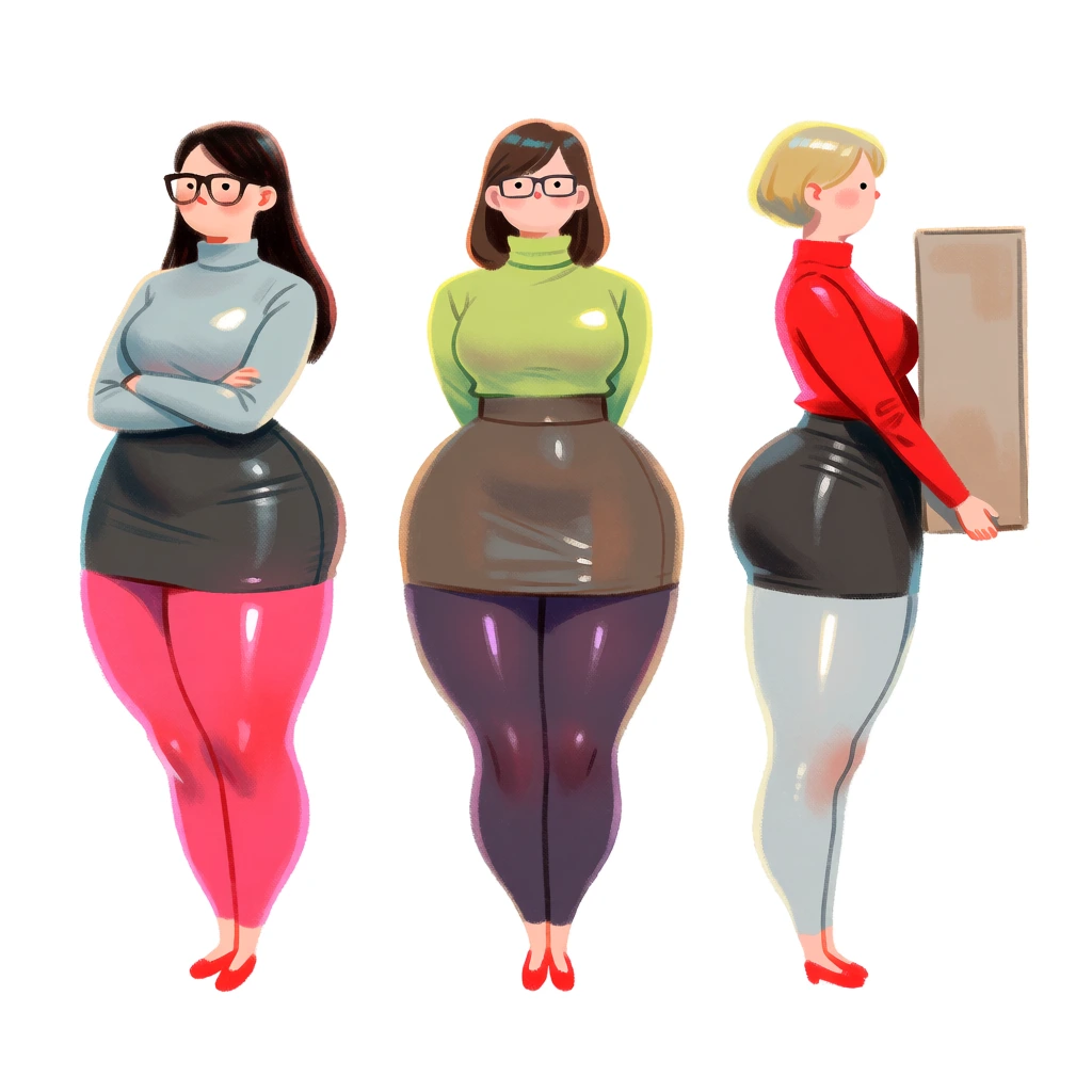 Three stylized women with exaggerated proportions stand in a row against a plain white background. The woman on the left has long dark hair, thick-rimmed glasses, a light blue-grey turtleneck, a dark grey mini skirt, and vibrant pink leggings over small red shoes. She stands with her body slightly angled to the right and her arms folded across her chest. The woman in the center has shoulder-length brown hair, rectangular glasses, a lime green turtleneck, a high-waisted brown skirt, and dark purple leggings over red shoes. She stands facing forward with her hands tucked behind her back. The woman on the right has short blonde hair, a bright red long-sleeved top, a dark grey mini skirt, and pale grey leggings over red shoes. She is depicted in profile, carrying a tall, rectangular beige box in front of her. All three characters share a distinctive anatomical design characterized by extremely wide hips and thick legs that taper sharply down to tiny feet. Their facial features are simplified, using small black dots for eyes and subtle pink blushes on their cheeks. The artistic style is a digital illustration with a painterly texture, utilizing soft shading and bright, reflective highlights that give the clothing a glossy appearance. The composition is a simple horizontal line-up from an eye-level perspective with no environmental details in the foreground or background.