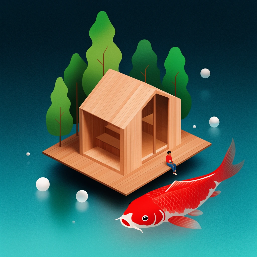 Isometric wooden cabin on floating deck, giant red koi fish, person sitting on edge, stylized flat green trees, floating white orbs, deep teal gradient, soft grain texture