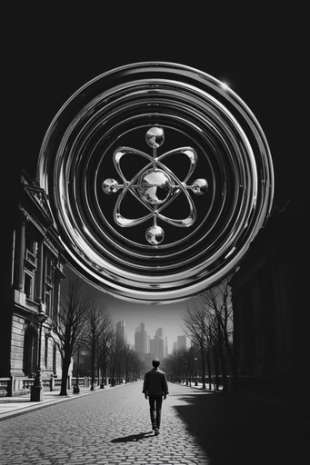 Monochrome Spectral Science style reference image — symmetrical diagrammatic composition