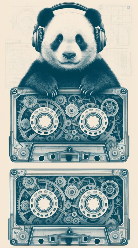 giant panda wearing over-ear headphones resting paws on an oversized audio cassette tape, cassette interior filled with intricate mechanical gears and cogs, highly detailed stippled illustration, vertical triptych composition split into three panels, faint technical blueprint diagrams on a cream background, duotone dark teal and off-white color palette, surreal vintage technical drawing aesthetic