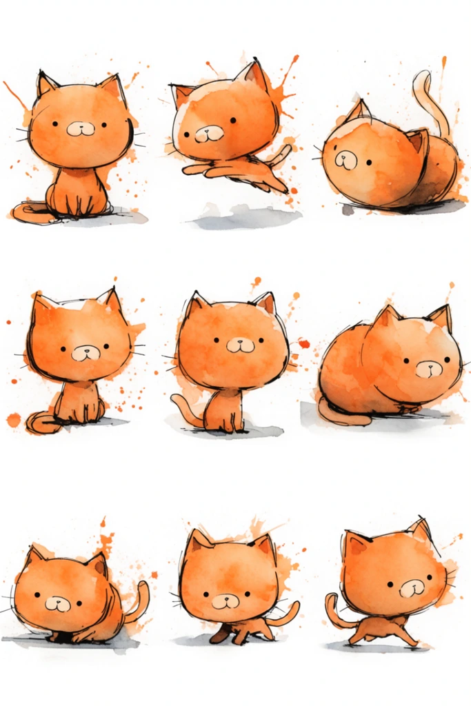 A 3x3 grid illustrating a stylized cartoon orange cat in nine distinct poses against a stark white background. The cat features an oversized head, small body, dot eyes, and a pale muzzle. Poses include sitting, leaping, rolling, loafing, crouching, and walking. The artwork employs a loose ink and watercolor technique. Sketchy black outlines contain textured orange watercolor washes that bleed outward, accented by energetic orange paint splatters and soft grey drop shadows beneath each figure.