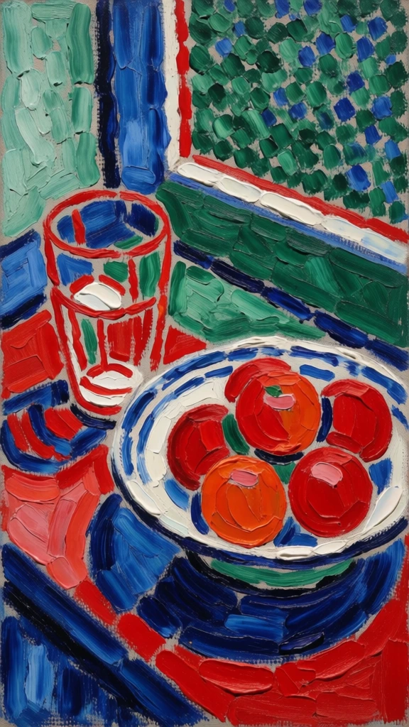 vibrant fauvist still life of a glass and bowl of oranges on a windowsill, heavy impasto texture, thick chunky brushstrokes, bold saturated palette of primary red, deep ultramarine blue, and emerald green against a pale cream background, graphic flattened composition, oranges rendered in dense dabs of red with blue shadows, glass defined by vibrant red outlines, pointillist stippling effect, high contrast, expressive neo-impressionist aesthetic, tactile oil paint finish